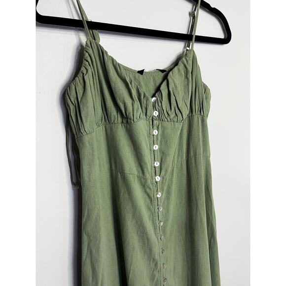 Zara New Size L Green Khaki Linen Blend Ruched Bodice Button Down Midi Dress - Picture 3 of 6
